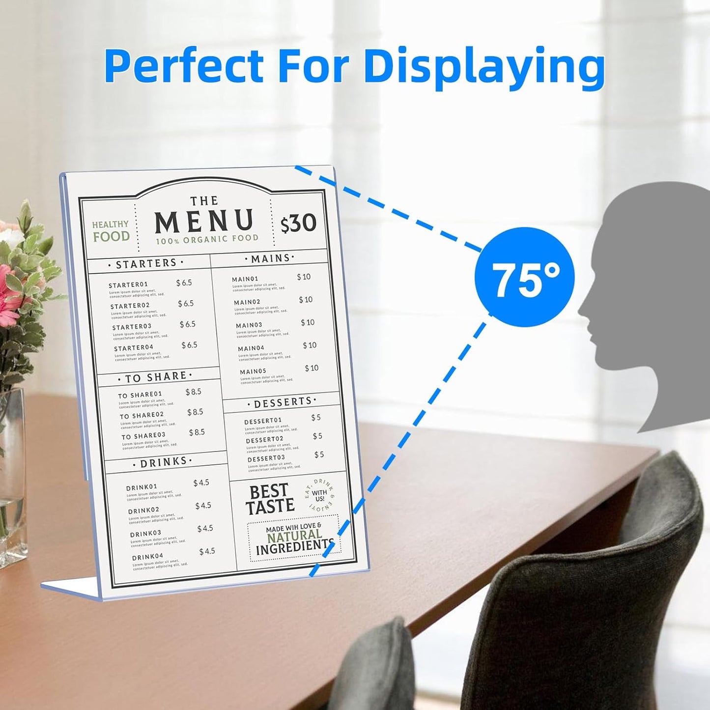 24 Pack Acrylic Sign Holder 8.5 x 11, Clear Plastic Display Stands for Tabletop, L-Shape Acrylic Stands for Flyers, Documents, Office, Restaurants, Vertical Sign Holder 8.5x11 for Desktop