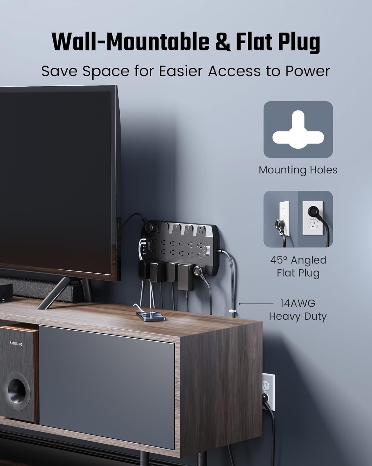 PD 45W Fast Charging Power Strip Surge Protector with 22 Outlet + 6 USB Port, SUPERDANNY 1875W/15A, 2100J, 6.5ft 45° Plug Mountable Extension Cord for Home,Office,Dorm,Gaming,PC,Streaming
