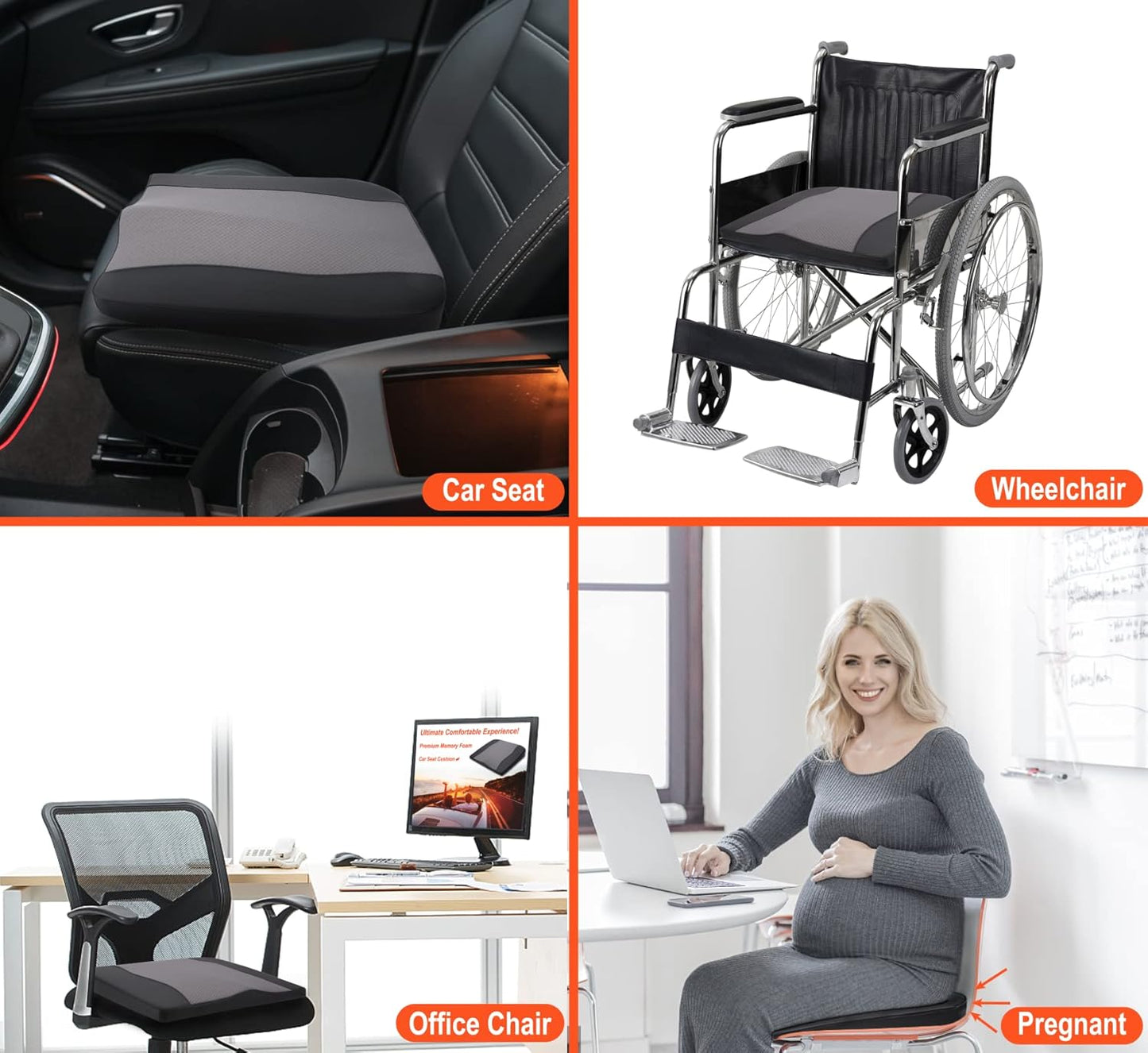 Car Seat Cushion, Comfort Memory Foam Car Cushions for Driving - Sciatica & Lower Back Pain Relief, Driver Seat Pillow for Auto, Office Chair, Wheelchair - Black&Gray