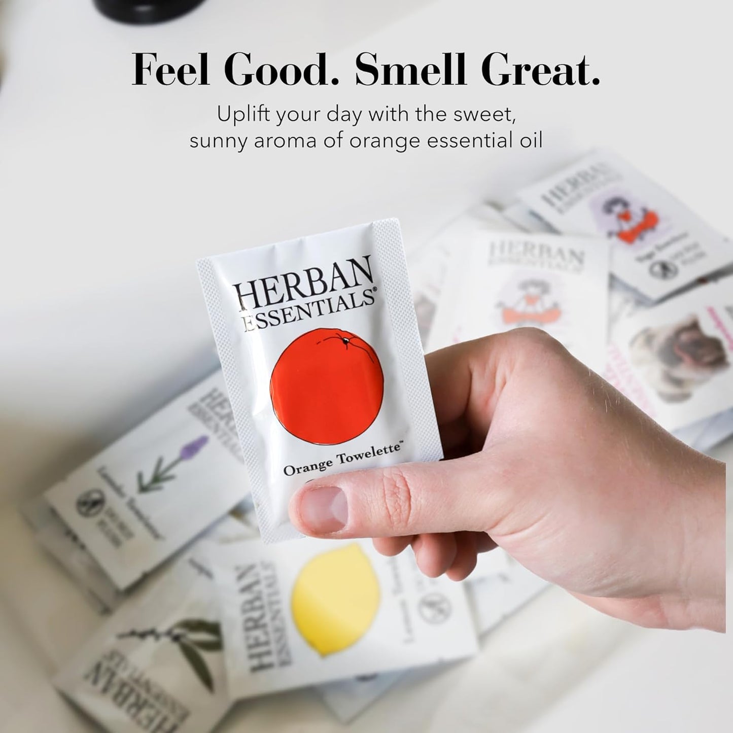 Herban Essentials - Orange Wipes & Towelettes - Essential Oil Wipes for Make Up, Hands, Face & Body - Travel Size Essentials & Toiletries - Natural, Individually Wrapped, Disposable & Moist (20 count)