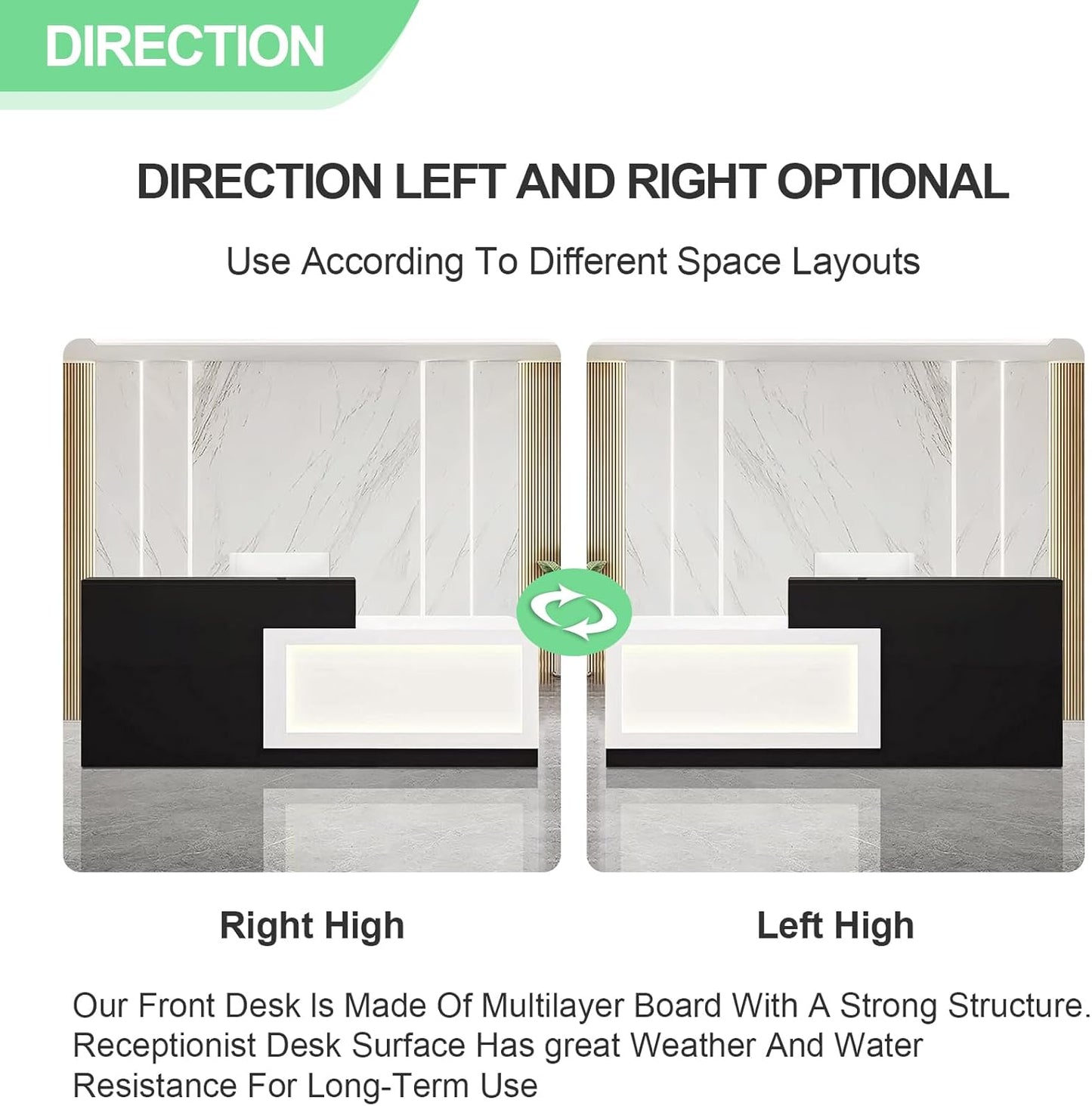 Modern Reception Desk with Counter and Drawer Office Front Desk with Cabinet Wooden Commercial Reception Table Checkout Counter for Retail Salon Lobby Black and White Left 71inch/180cm