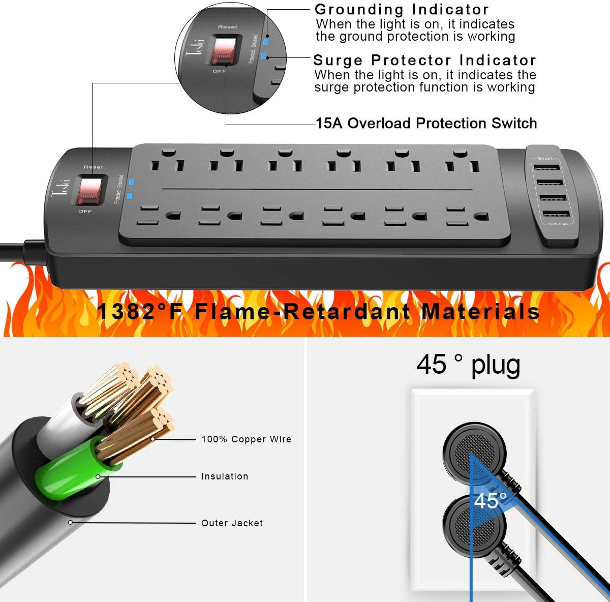 Power Strip, Tcstei Surge Protector with 12 Outlets and 4 USB Ports, 15 Feet Extension Cord (1875W/15A) for Home, Office, Dorm Essentials, 2700 Joules, ETL Listed, Black