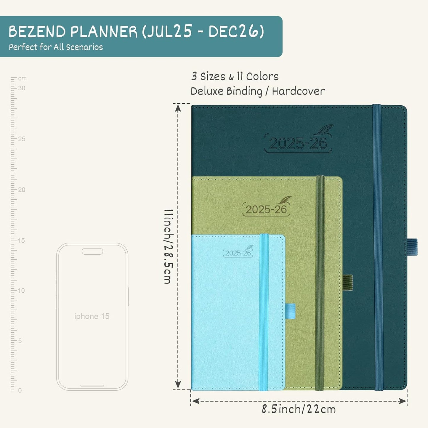 BEZEND Planner 2025-2026 Weekly and Monthly, 8.5" x 11" Academic Calendar (Jul 25-Dec 26) Vertical Daily Appointment with Hourly Timeslot & Monthly Tab, PU Leather Hardcover - Turquoise