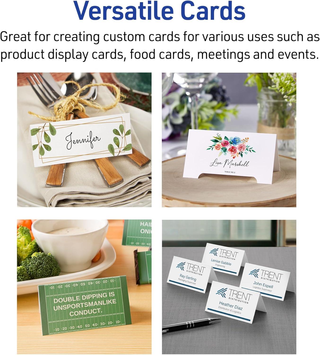 Avery Printable Place Cards with Sure Feed Technology, 1-7/16" x 3-3/4", White with Gold Border, 150 Blank Tent Cards for Laser or Inkjet Printers (35701)