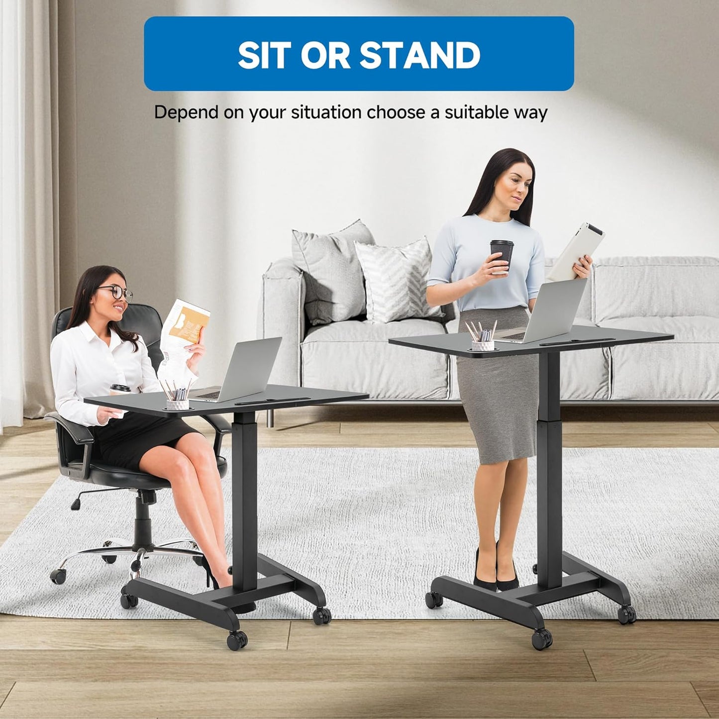 Rolling Laptop Desk Adjustable Height(29.5”- 43.7”),Mobile Workstation Cart with 23.6" x 20.5"Desktop, Standing Desk Mobile Portable PC Table for Home,Office or Classroom in Black