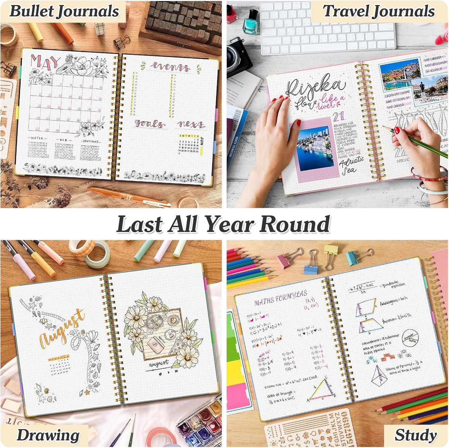 Bullet Dotted Journal Spiral Notebook, 300 Pages Leather Notebooks with Contens, 120 GSM Thick No Bleed Through Paper Journals, A4 Dot Grid Notebook for Women Men Work Writing, 8.5" x 11", Dark Blue