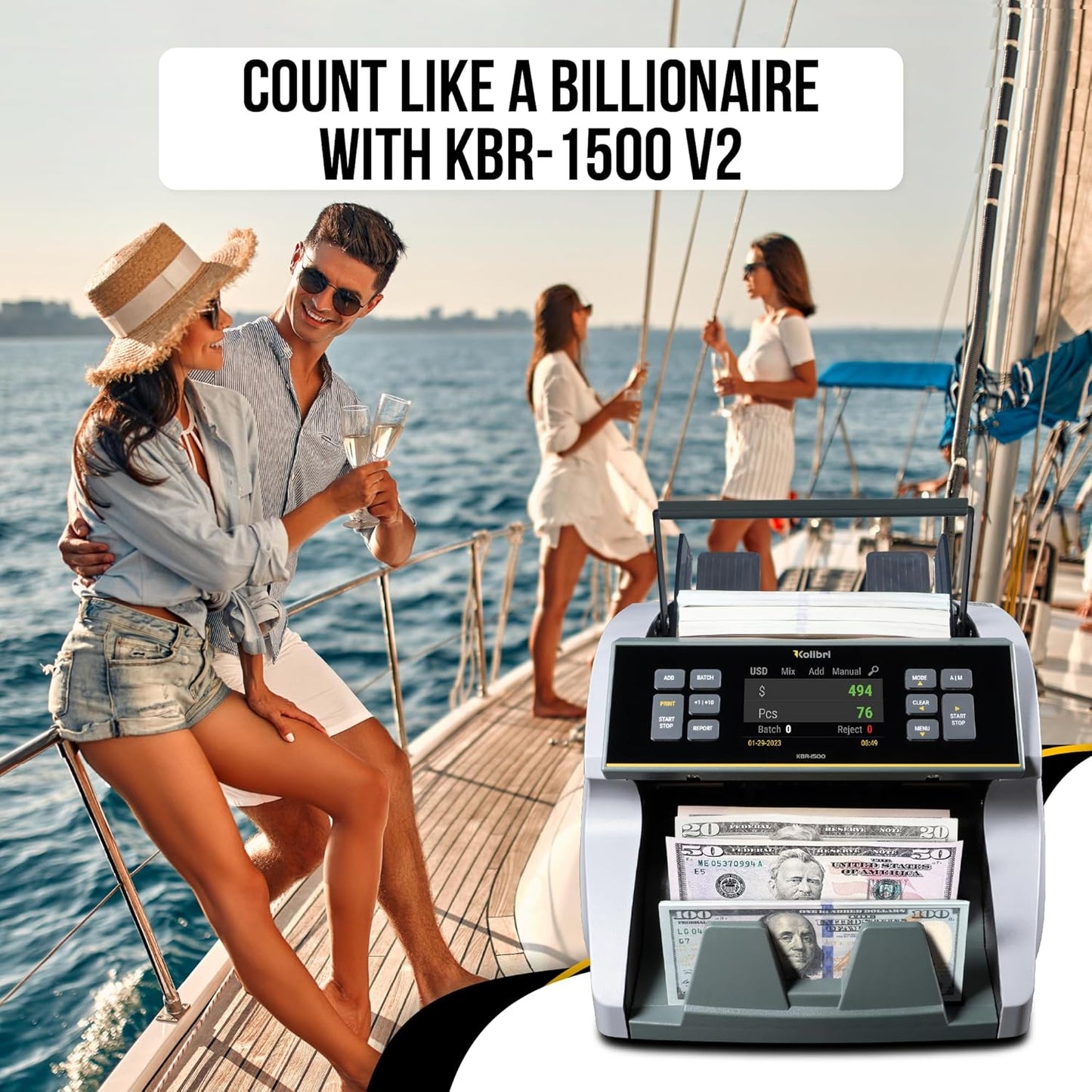 KOLIBRI KBR-1500 V2 Business-Grade Money Counter | Bill Counter, Sorter, Reader with Counterfeit Detection | Mixed Value Money Counting Machine | US Tech Support