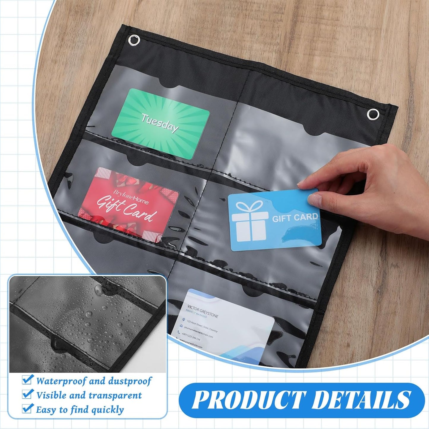2 Pack 3'' x 5'' Index Card Holder Sleeve 16 Slot Plastic Organizer Hanging Wall Mount Business Note Cardholder PVC Clear Organizer Pocket for Classroom Office Library Home (Black)