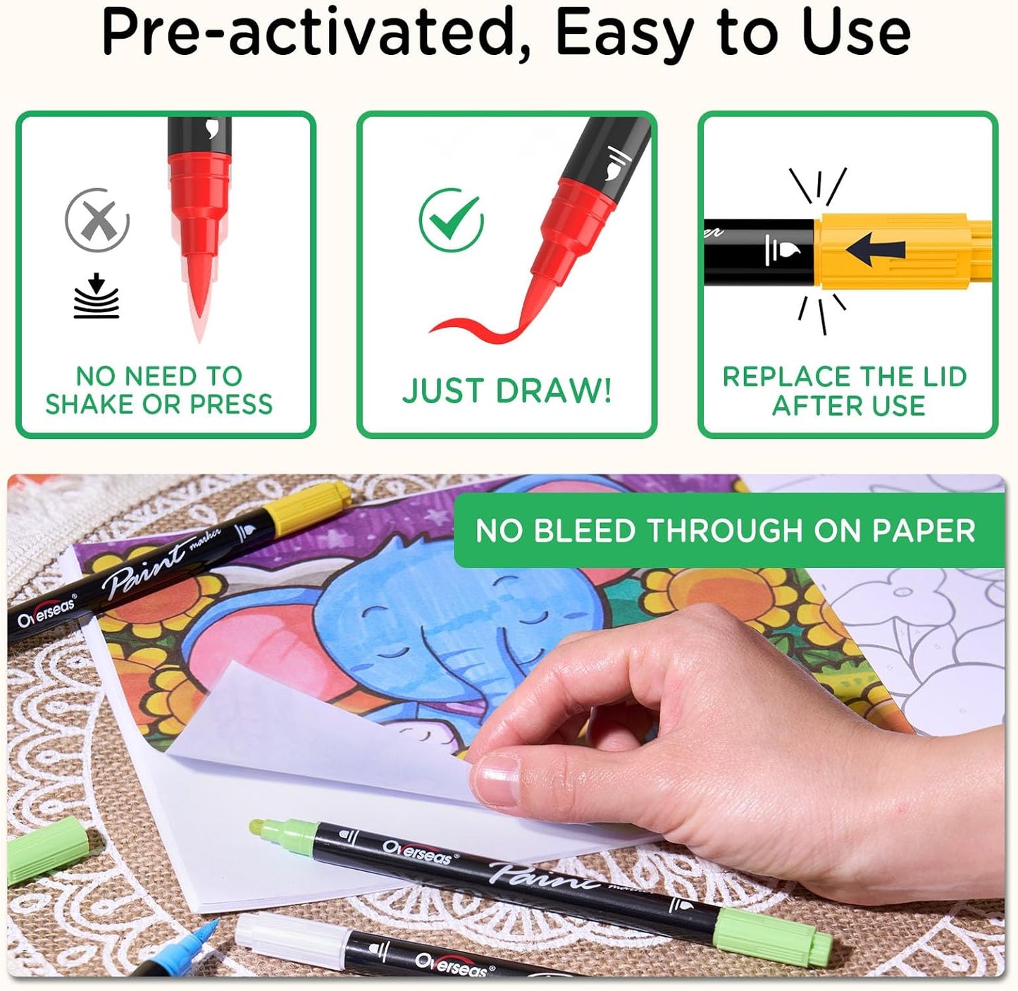 Overseas Green Acrylic Paint Markers, 6 Pack Dual Tip Paint Pens Acrylic Markers - Dot and Brush Tip Coloring Marker for Wood, Rock, Canvas, Glass, Metal, Plastic, Rubber, Fabric, School Supplies