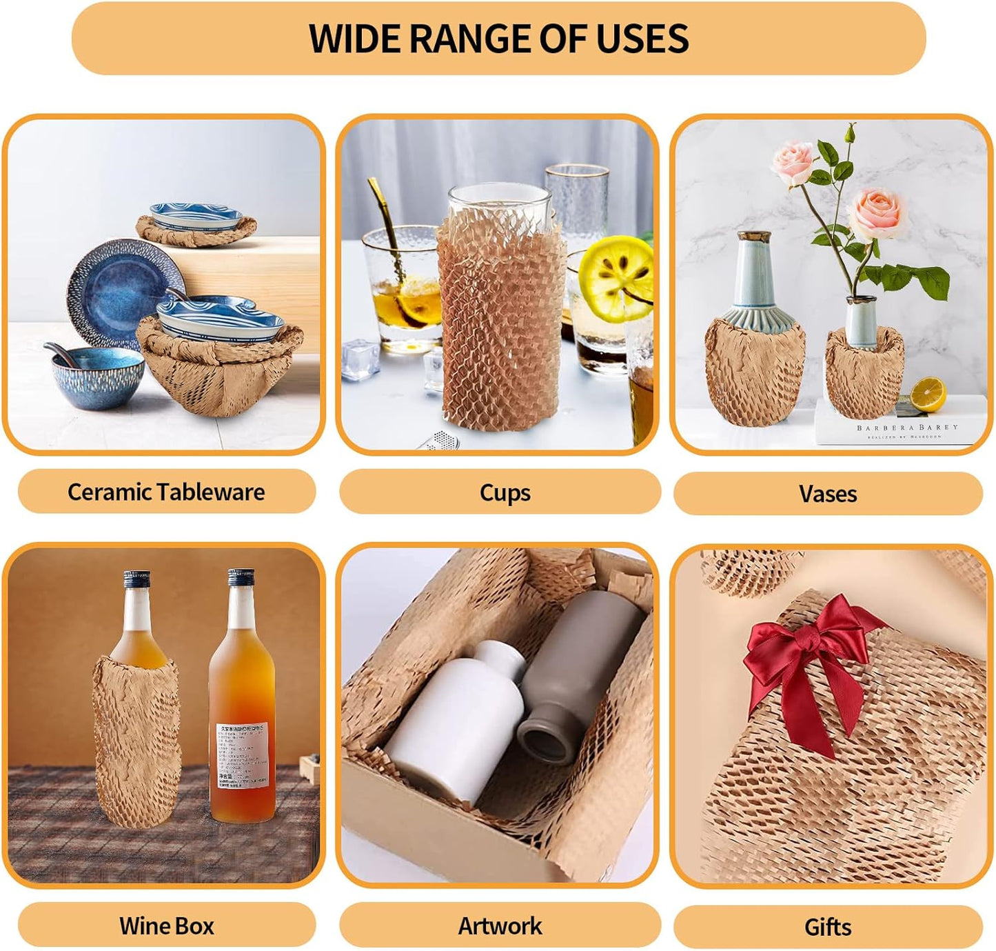 Honeycomb Packing Paper, HONSREO 15 Inches x 230 Feet Eco Friendly Recyclable Cushioning Material, Bubble Wrap for Moving Shipping Breakable Supplies with 20 Fragile Sticker Lables (Brown)