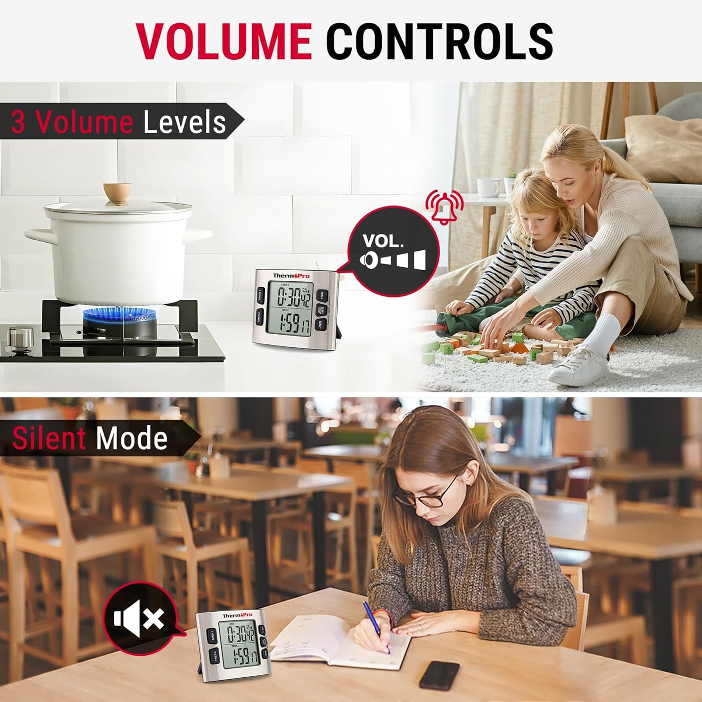 ThermoPro TM02 24 Hours Digital Timer with Dual Kitchen Timers for Cooking, Stop Watches Magnetic Timer Clock with Adjustable Alarm Volume & LCD Backlit Display, Classroom Timer for Kids & Teachers