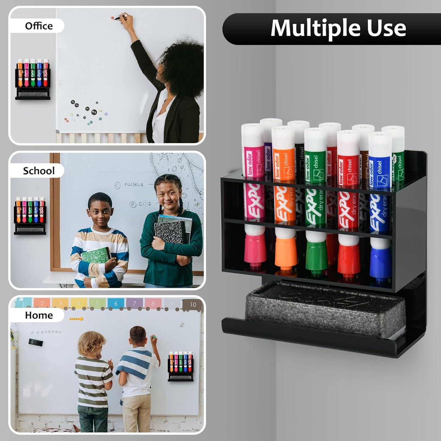 Dry Erase Marker Holder, Wall Mounted Acrylic Marker Holder with 10 Slots, Sticky Pen Storage for Classroom Organization, Whiteboard, Office, Black