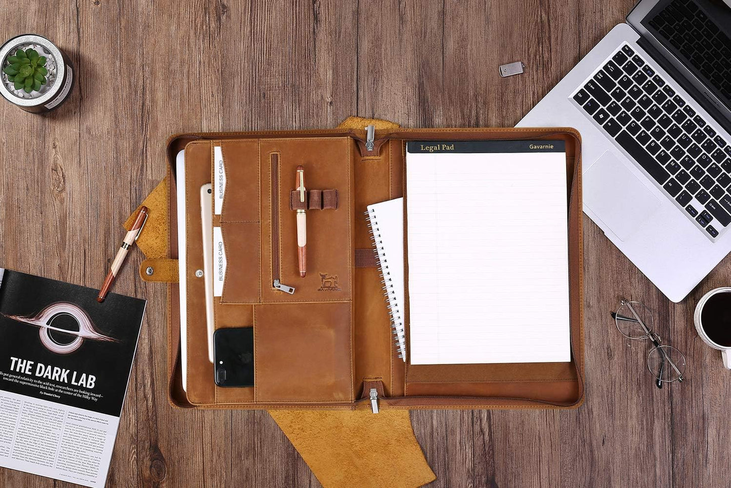 Genuine Leather Business Portfolio Padfolio Folder with Zipper for Men, Men's Leather Padfolio Folder for 13" Laptop, Business Portfolio with Letter Size Notepad, Graduation Gift,Brown