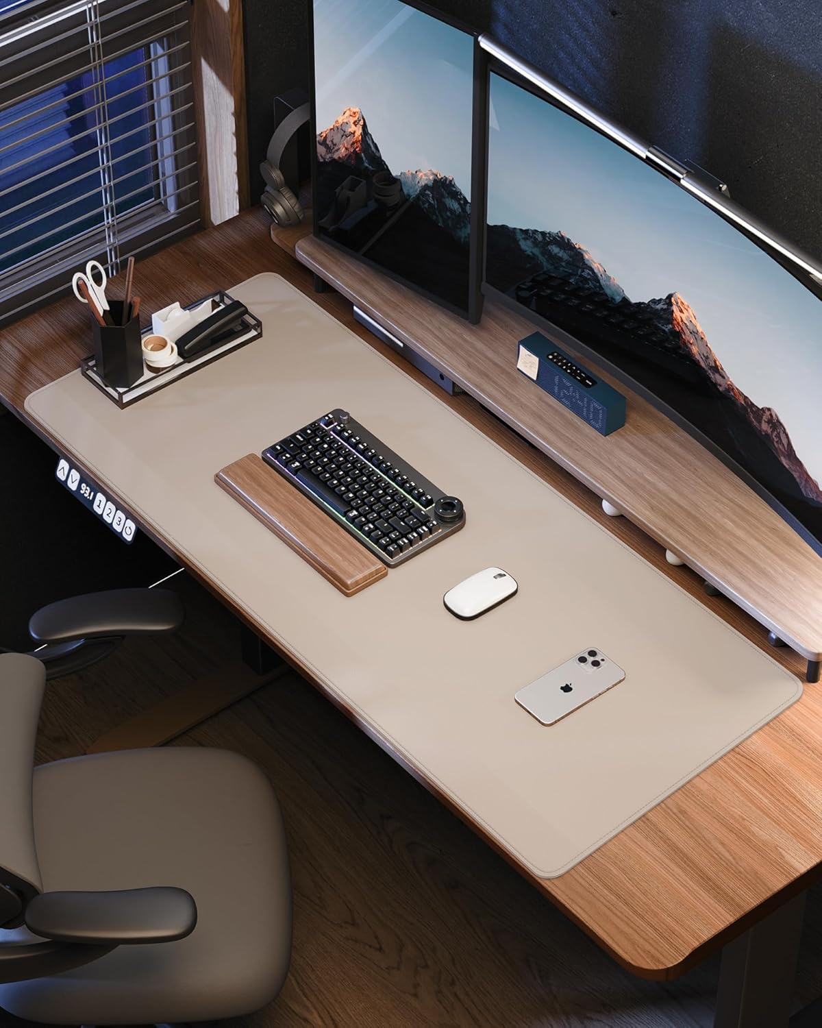 Large Desk Pad Mat - Waterproof Mouse Pad & Desk Protector, Non-Slip XL PU Leather Gaming Mat for Keyboard/Mouse, Stitched Edge with Ergonomic Support, 47"x17" (Beige)