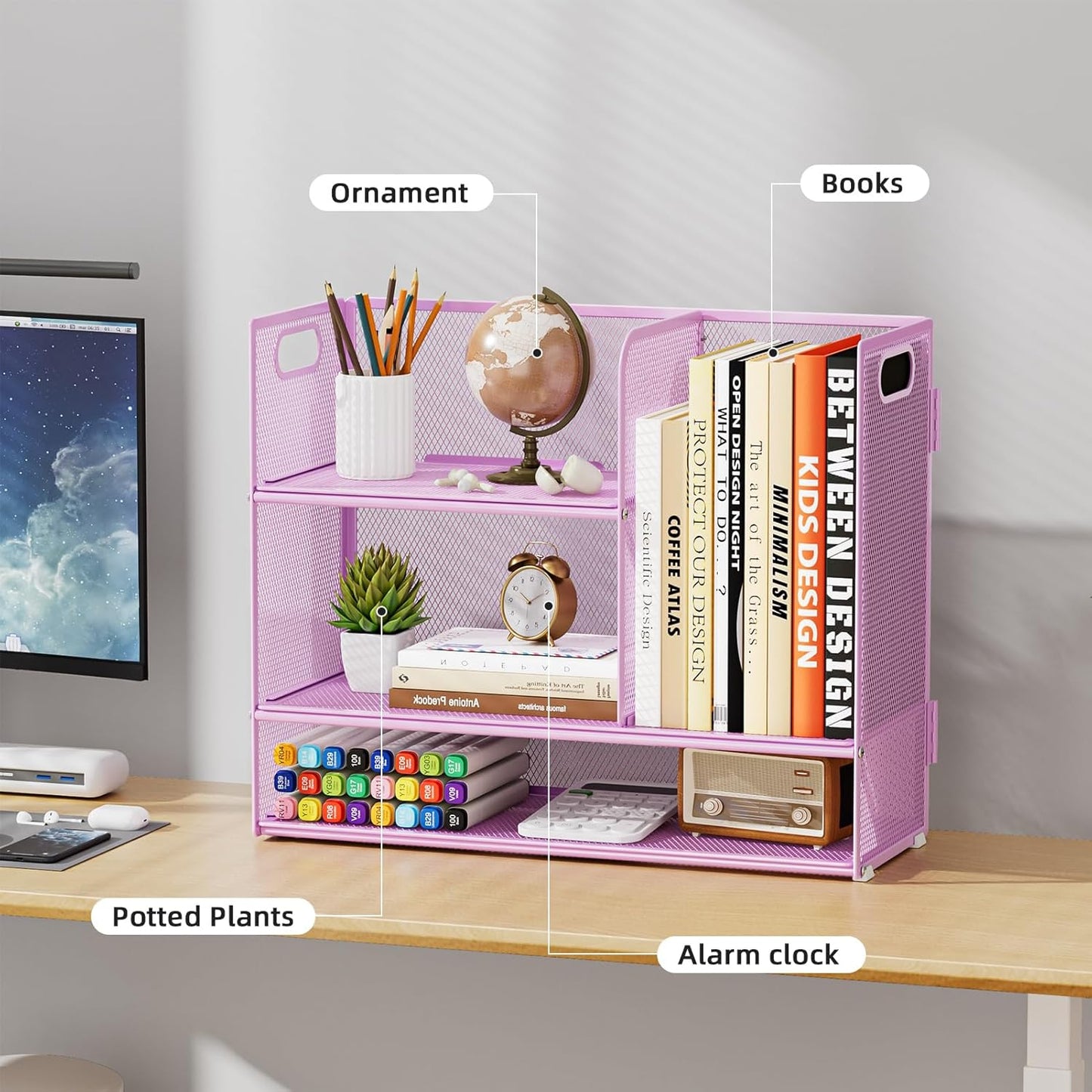 Marbrasse 3-Tier Desk Shelf Organizer with Handle, Desktop Bookshelf File Holder, Mesh Display Shelf Organizer Storage Rack for Office, Home, Supplies, Kitchen (Purple)