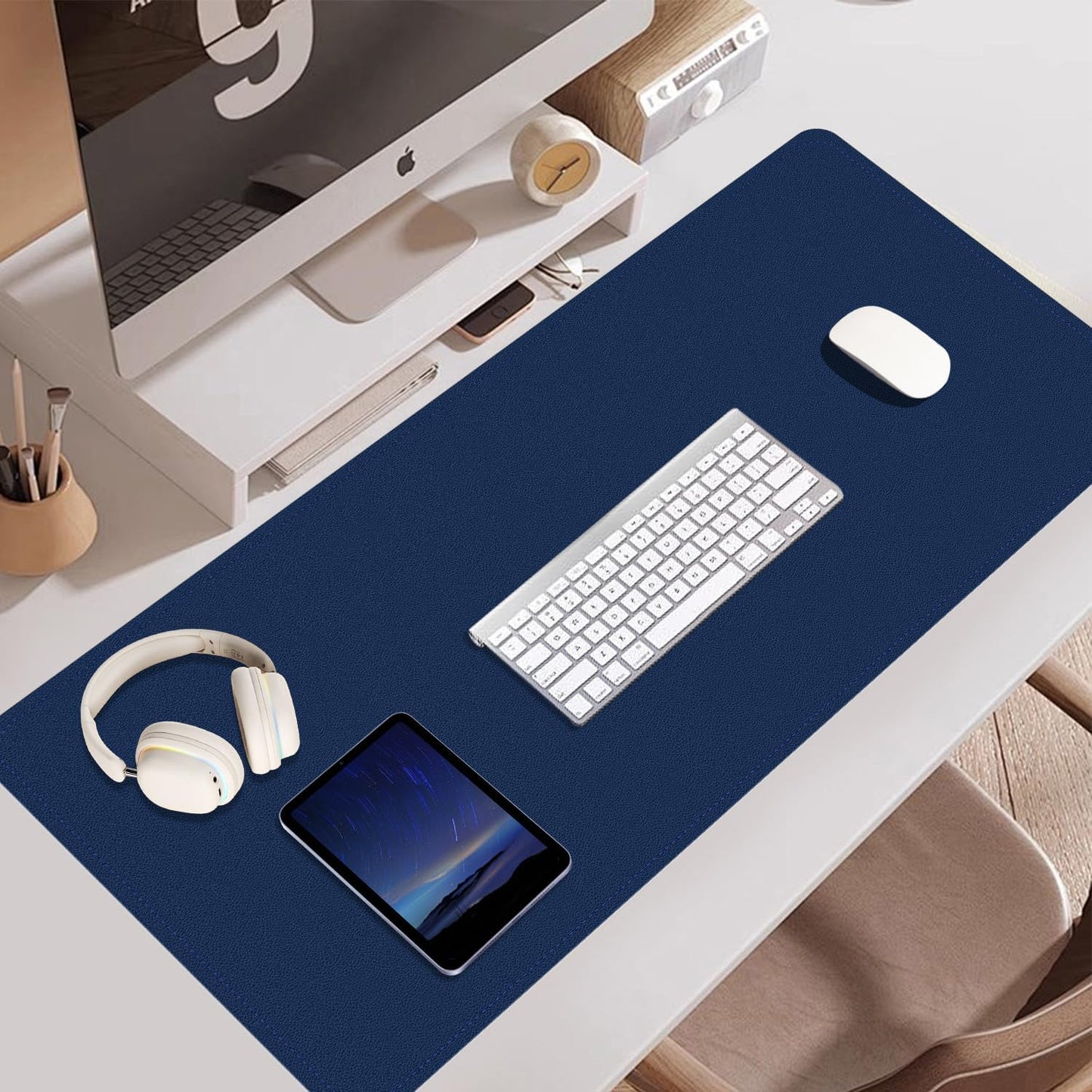 Large Desk Pad, 47.2'' x 23.6'', Office Desk Mat, Computer Mat for Desk, Leather Desk Pad Protector, Sewing Desk Blotter, Desktop Writing Pad for Office/Home/Decor Dark Blue