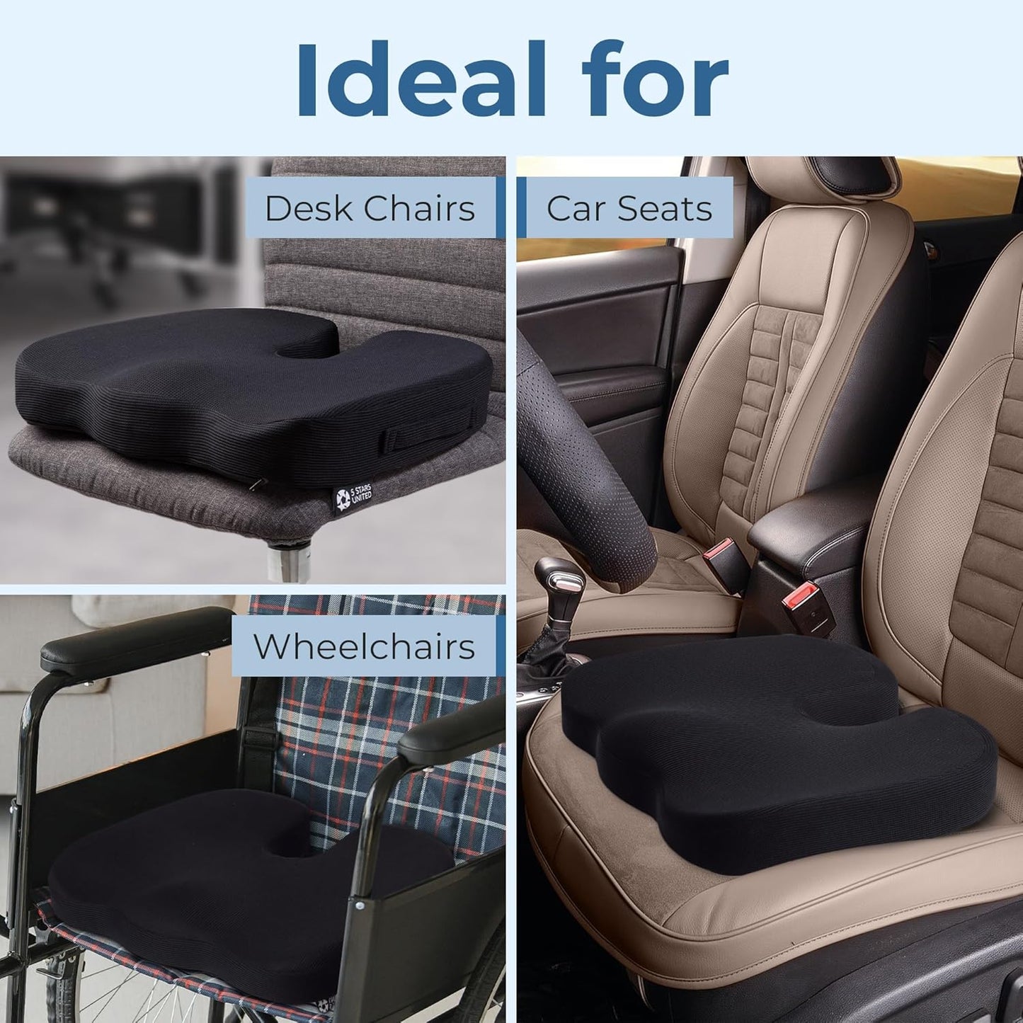 5 STARS UNITED Seat Cushion for Tailbone Pain Relief ā Large Memory Foam Lifting Pillow for Coccyx, Hip, Sciatica & Post-Surgery Recovery ā Wheelchair, Car, Desk, Gaming & Office Chairs, Light Gray