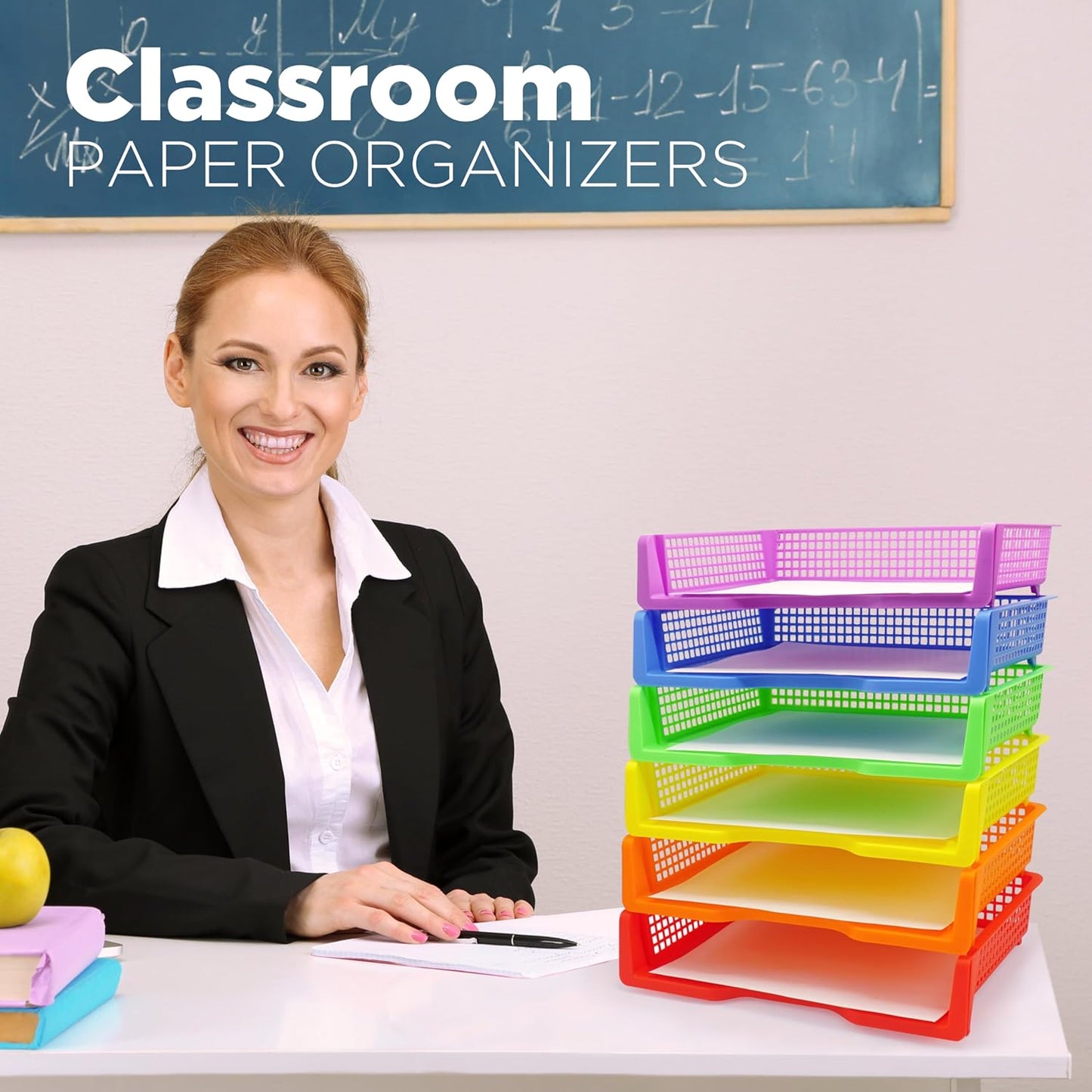 4E's Novelty 6 Colorful Plastic Trays for Teachers, Durable Turn in Trays, Classroom Paper Organizers, Stackable Storage Baskets for Office Desk, Classroom Organization Supplies, 13.3"L x 9.2"W x 3"H
