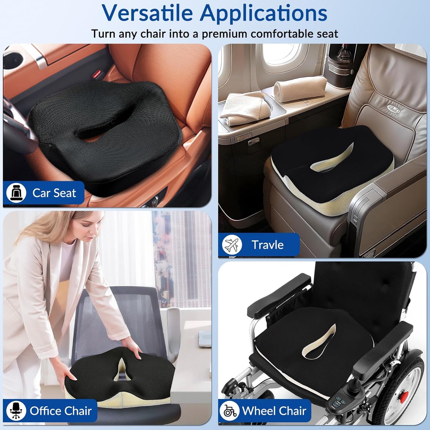 Ergonomic Memory Foam Seat Cushion for Office Chair, Extra Large Pad with U-Shaped Design for Pressure Relief, Coccyx Sciatica & Back Pain Relief, for Home, Car Long Sitting (Black)