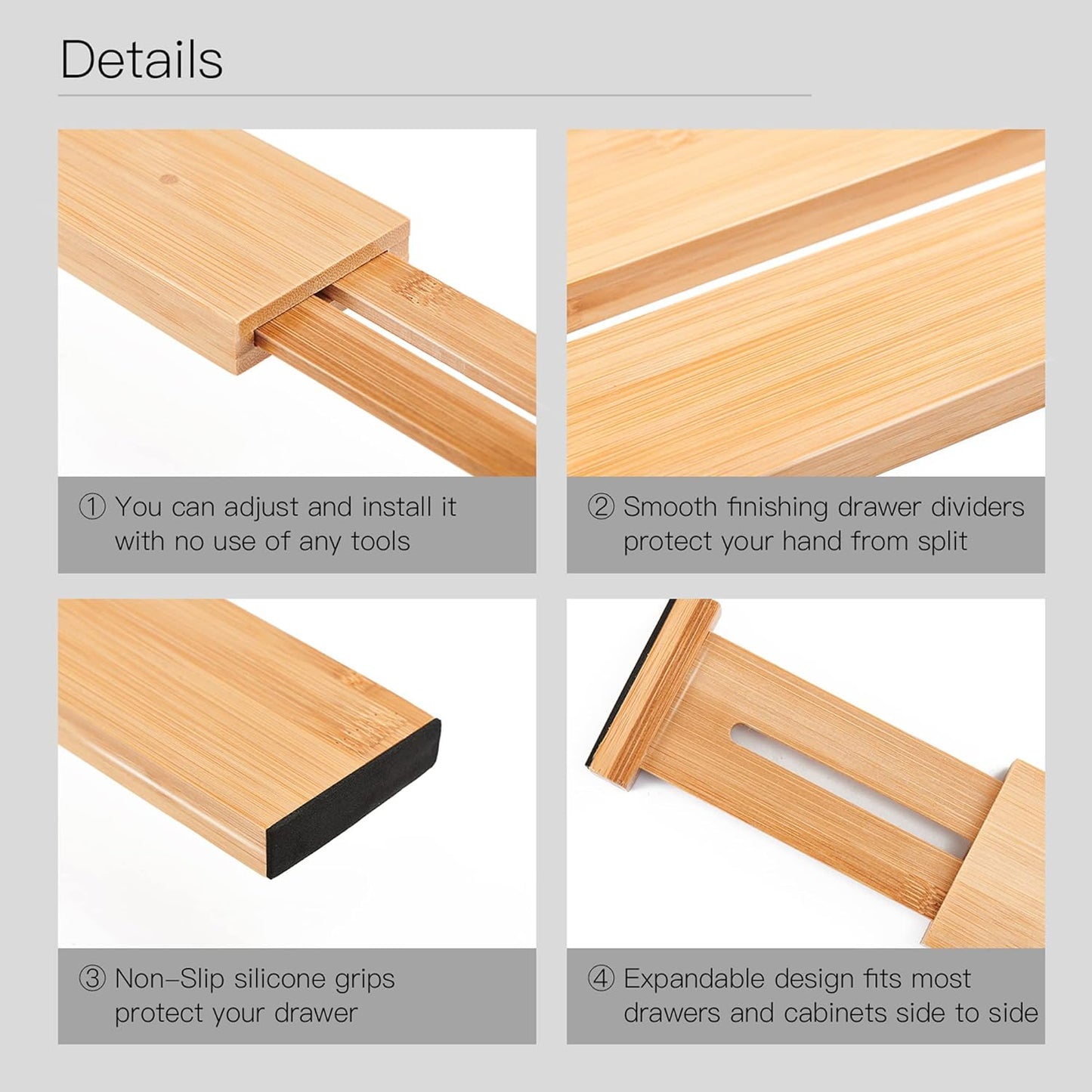 Utoplike Small Bamboo Kitchen Drawer Dividers(Fits 15"-17.7" Drawer Inner Size), 4 PCS Adjustable Drawer Organizers for Socks, Spring Loaded, Works in Drawer for Bedroom, Dresser