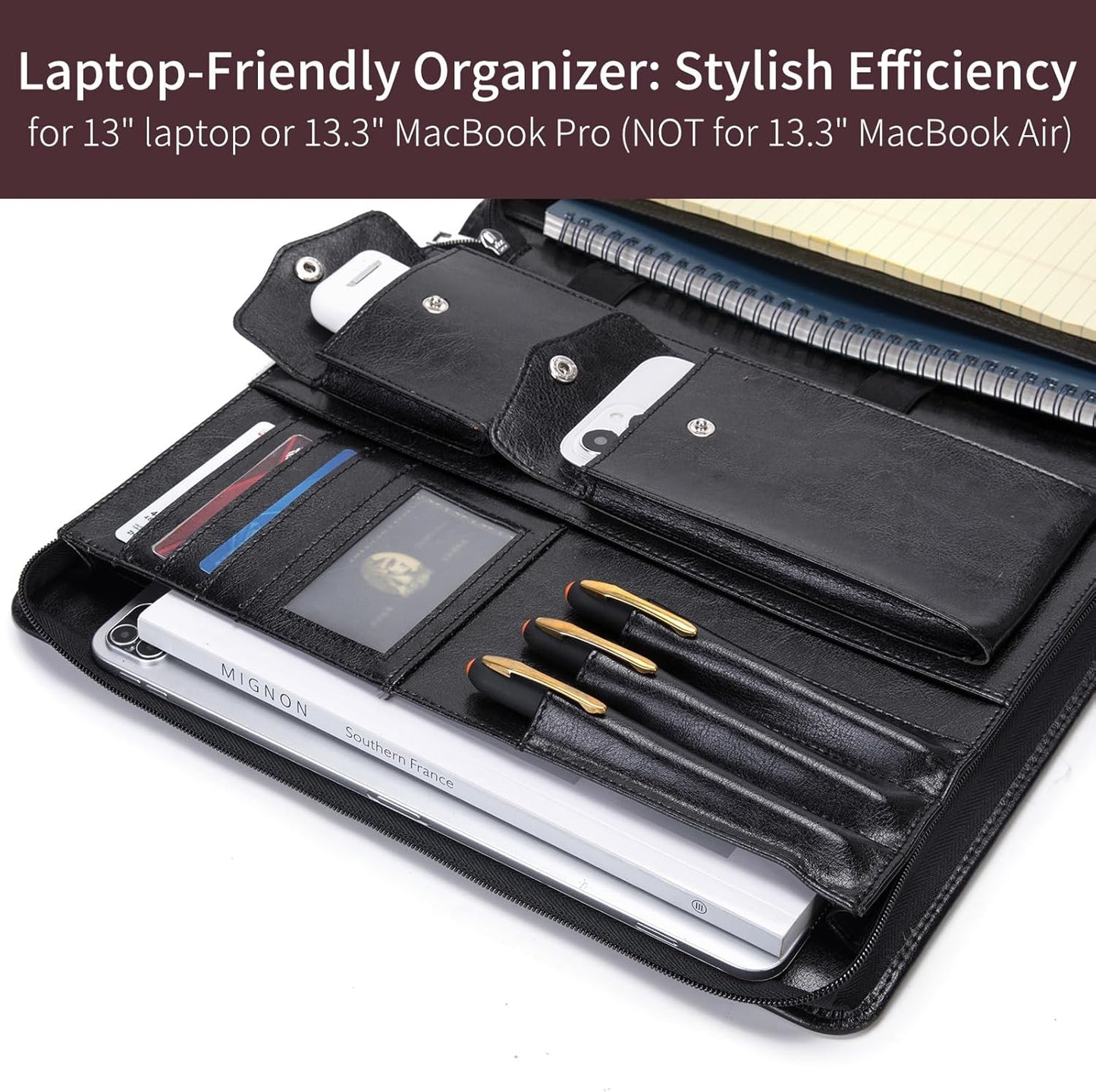 Personalized Vegan Leather Portfolio with Hidden Handle, Zippered Front Pocket, 8.5 x 11 Notebook Holder, Custom Business Legal Padfolio Travel Folio for Men Women, Black