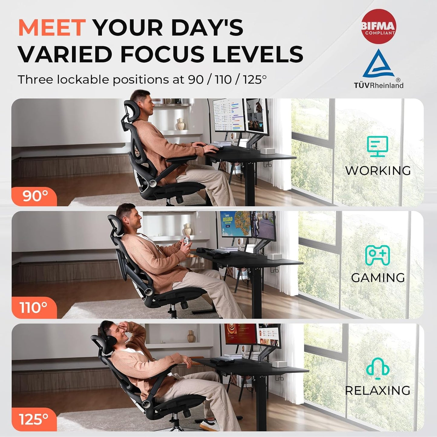 CAPOT Ergonomic Mesh Office Chair, Adjustable Lumbar High Back Desk Chair 400lbs, 4D Flip-up Arms, 3-Level Tilt Backrest, 3D Headrest, PU Wheels, Swivel Rolling Computer Seating for Long Desk Work