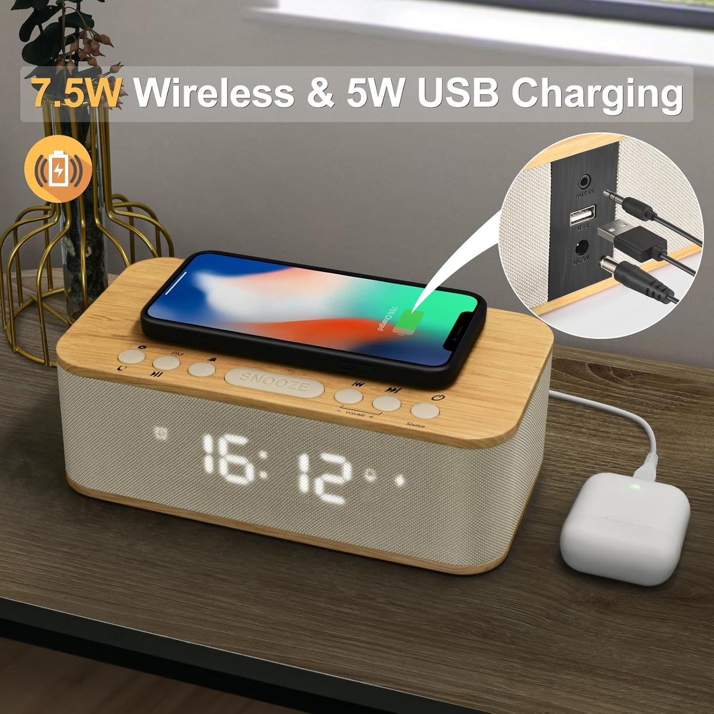Alarm Clocks Large Snooze Button, Digital Clock USB Charger Port, Bluetooth Speaker Alarm Clock Bedroom AUX USB Bluetooth Speaker Wireless Charging 12/24H Dual Alarms Snooze Dimmer Sleep Timer, Yellow