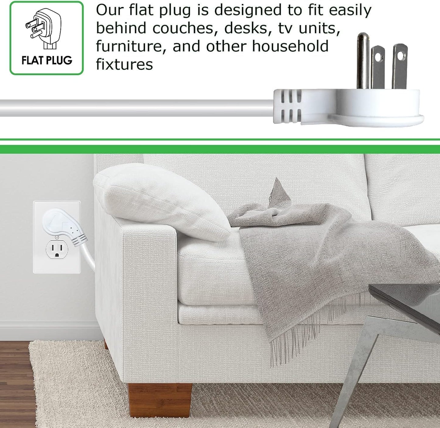 Digital Energy 8 Outlet Surge Protector - 15 AMP, 1875 W, 125 V, 350 J Surge Protection, ETL Listed - Flat Plug (White, 3 FT (Pack of 2))