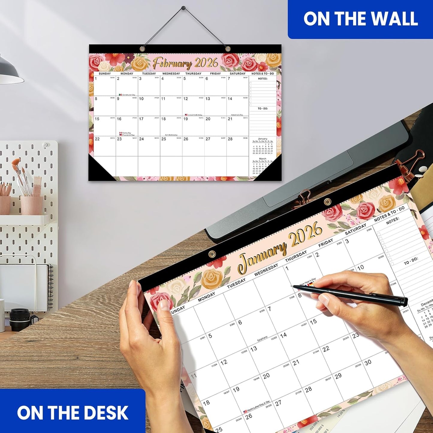 Comix 2026 Desk Calendar - 12x17 Inch, January 2026 to December 2026, 12 Months Calendar, Calendar Monthly Planner with Large Writing Blocks, Ideal for Home, School and Office, Watercolor Flowers