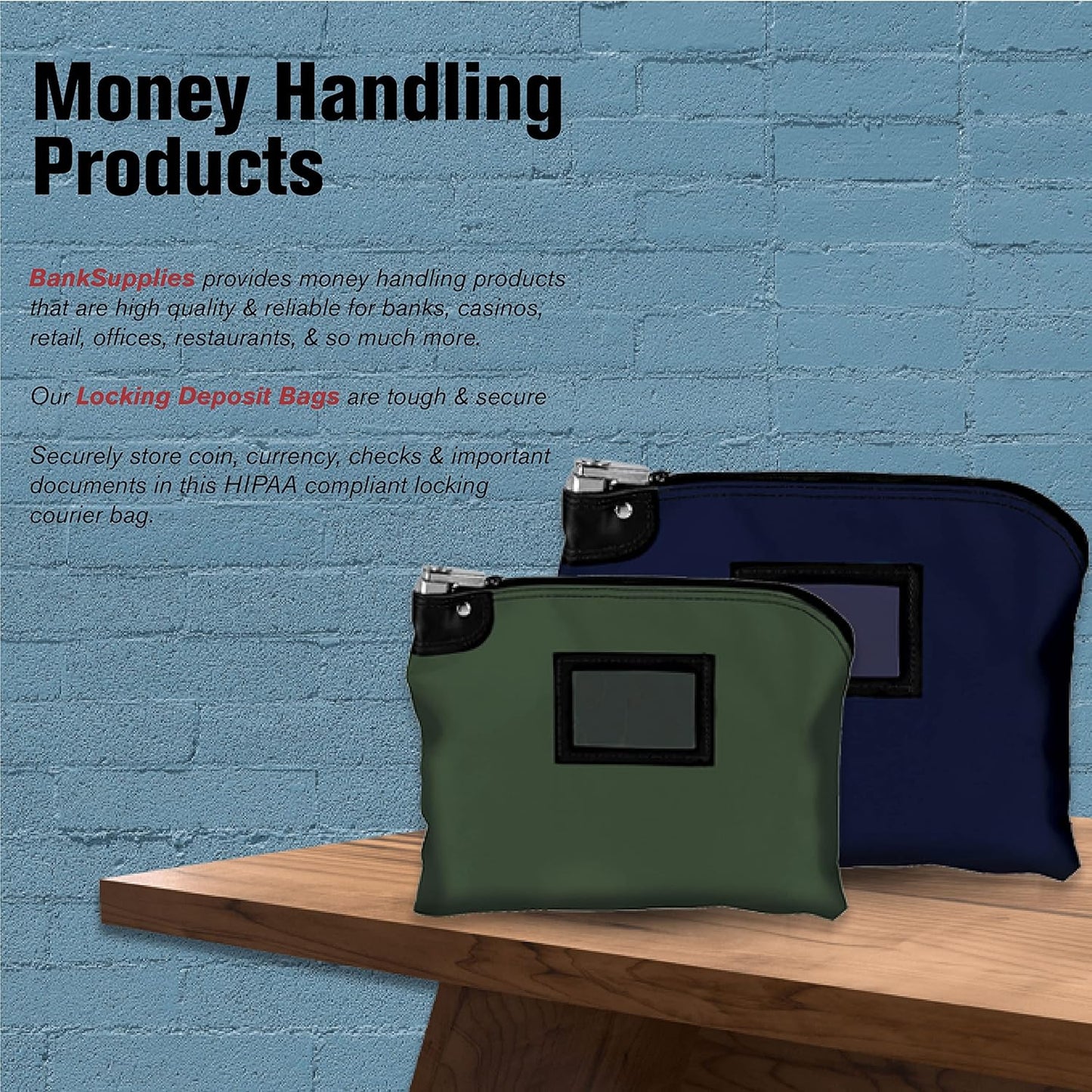 BankSupplies Laminated Nylon Locking Deposit Bag | Navy Blue | 15W x 11H | 2 Keys Included for Each Bag | HIPAA | Puncture Resistant Laminated Nylon | Double Stitched Seams
