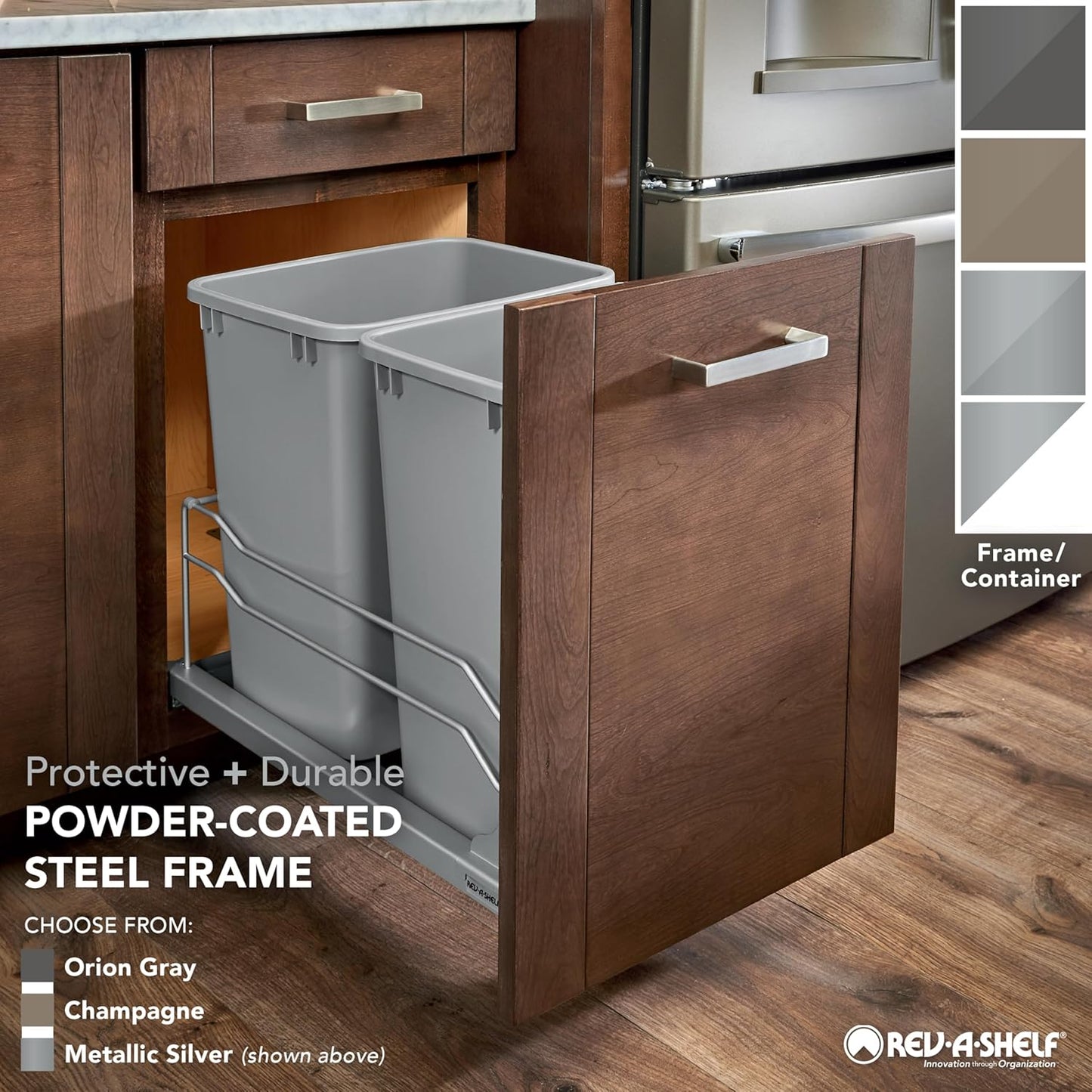 Rev-A-Shelf Double Pullout Trash Can for Base Kitchen Cabinets 27 Quart 12.5 Gallon with Soft-Close Slides, Metallic Silver, 53WC-1527SCDM-217
