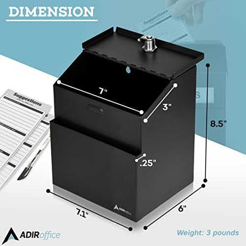 Adir Suggestion Box with Lock - Metal Donation Fundraising Ballot Prayer Box with 55 Free Suggestion Forms Cards & 2 Keys (Wall Mounted - Black)