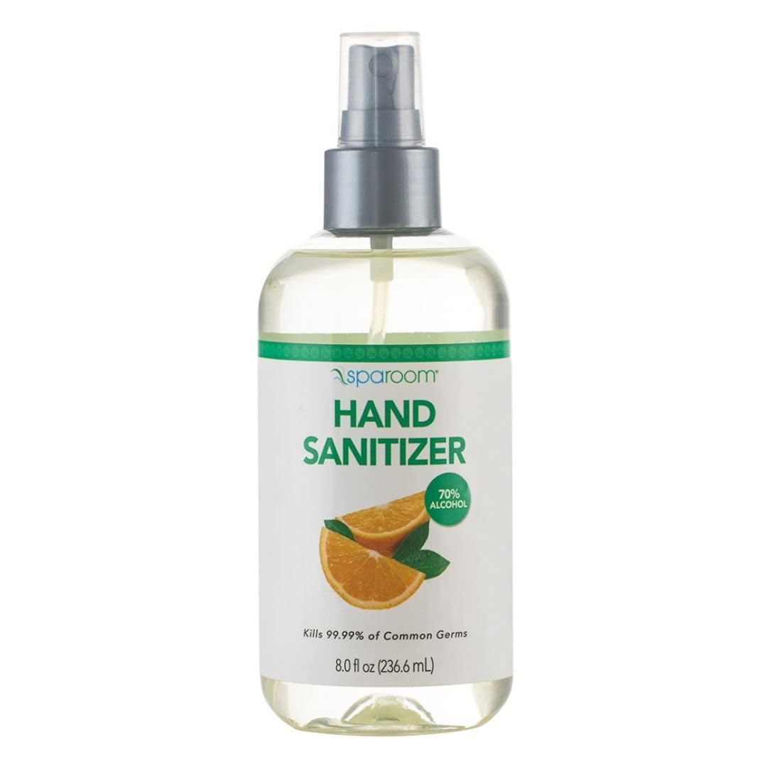 SpaRoom Hand Sanitizer Spray Orange – 70% Alcohol Formula with Aloe and Essential Oils, Travel Size Citrus Blend for On-the-Go Hygiene and Skin Moisture – 8oz Leak-Proof Bottle
