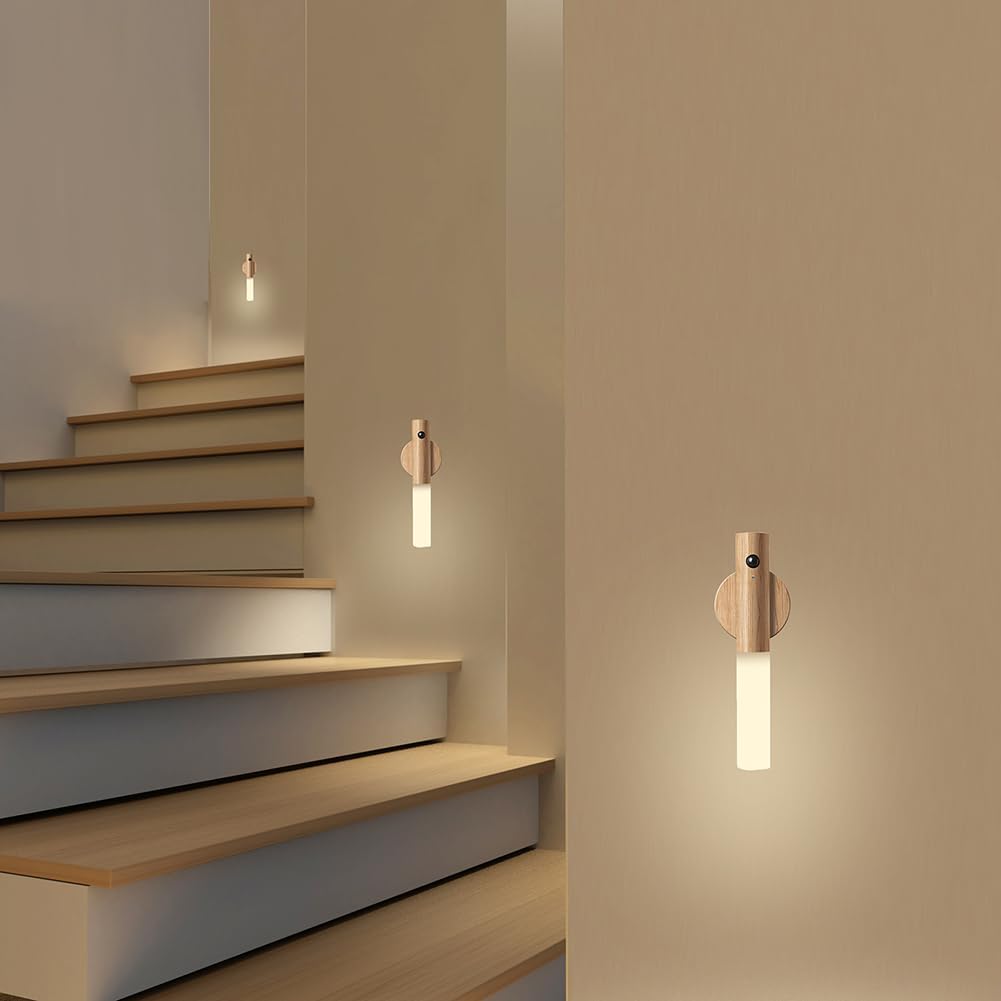 LANDGOO Wooden Motion Sensor Night Lights Magnet Body Sensor Hallway Night Lights Rechargeable Led Light Portable Stairway,Wall Sconce Battery Powered Cabinet Lights