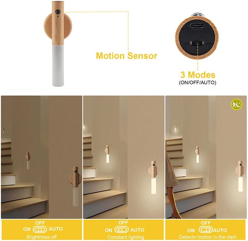 LANDGOO Wooden Motion Sensor Night Lights, Magnet Body Hallway Lamp, Rechargeable LED Wall Sconces, Portable for Stairway Bedroom, Battery Powered (White Ash Wood 2PC)