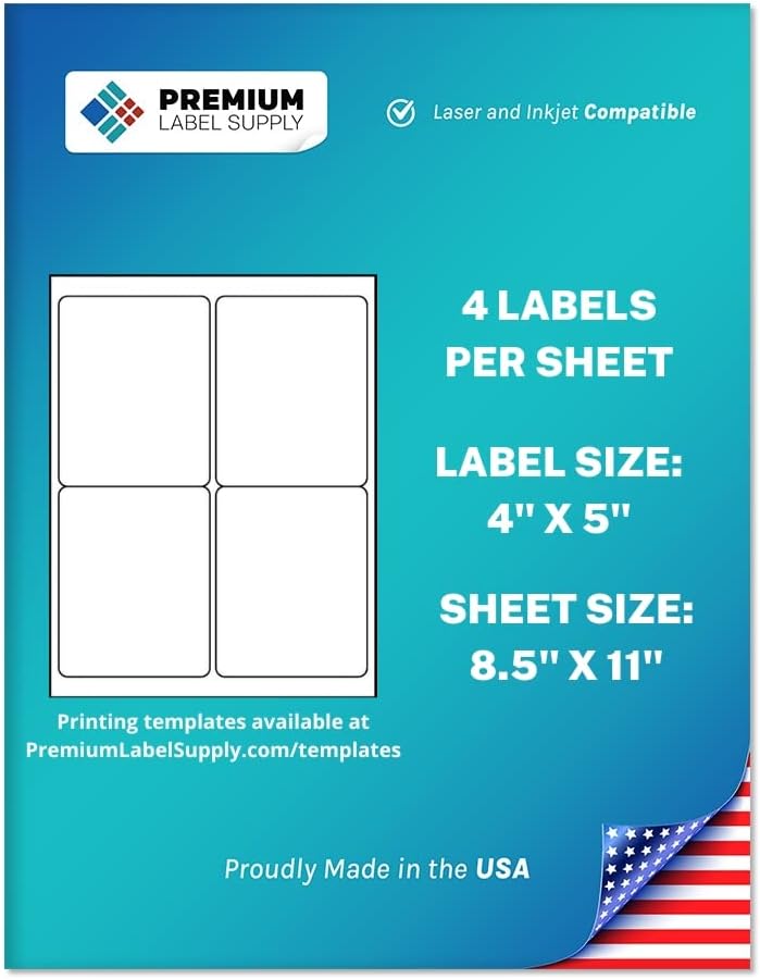 Premium Label Supply White Sticker Shipping Labels – 4" x 5" – Laser/Inkjet Compatible – (4 per Sheet), 500 Sheets - 2,000 Total Adhesive Labels