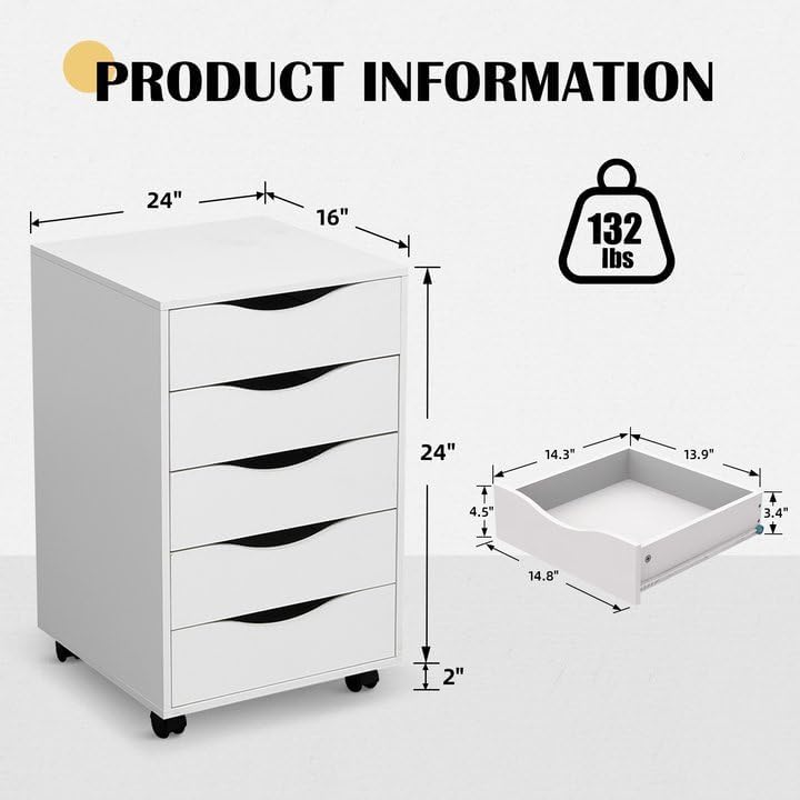 QDSSDECO 5 Drawer Chest Wood File Cabinet Rolling Storage Dresser with Wheels for Home Office, White