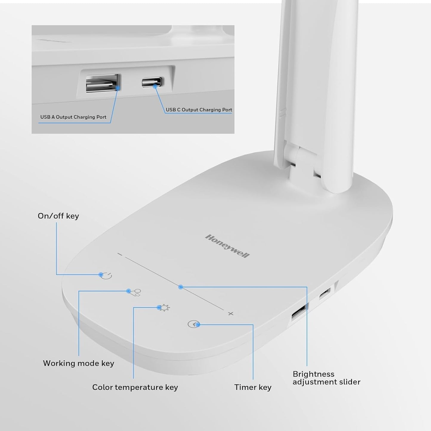 HONEYWELL LED Desk Lamp - HWT-H2 Sunturalux™ Eye-Caring Foldable Desk Light with USB A+C Dual Charging Port 4 Color Modes Dimmable Table Lamp for Home Office Bedroom Reading Study Work - White