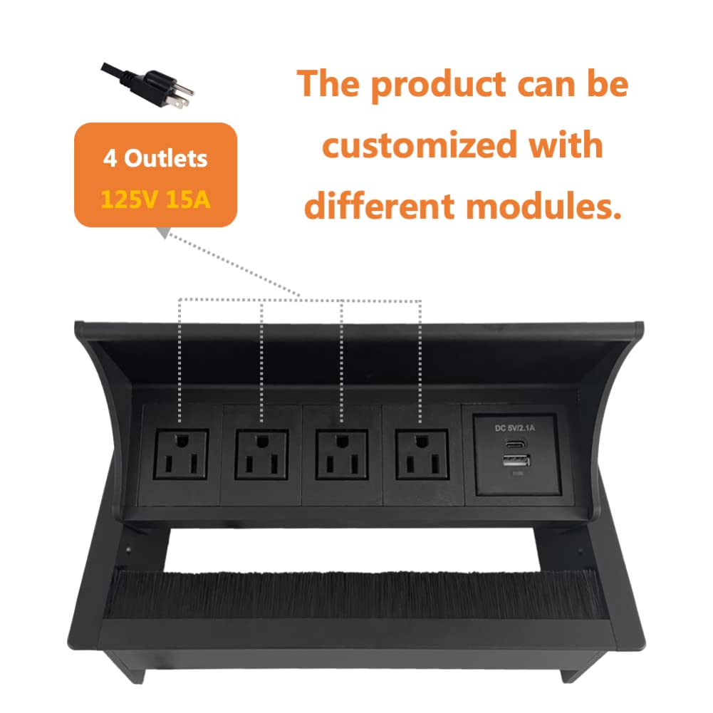 ZESHAN Brush Cable Cubby Connectivity Box Conference Table Power Box with Power Socket, USB and Type C Charger, Black