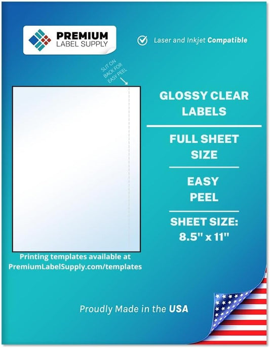 Premium Label Supply Full Sheet Glossy Clear Labels – 8.5" x 11" – Laser/Inkjet Compatible – 500 Sheets - Letter Size