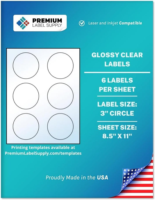 Premium Label Supply Glossy Clear Sticker Round Labels – 3" Circle – Laser/Inkjet Compatible – (6 per Sheet), 1000 Sheets – 6,000 Total Adhesive Labels