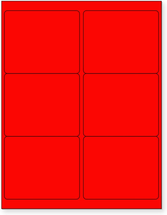 8-1/2 x 11 Neon Color High Light Fluorescent Labels for Laser & Inkjet Printer (Red Fluorescent, 4" x 3-1/3" - 6 Per Page | 600 Labels)