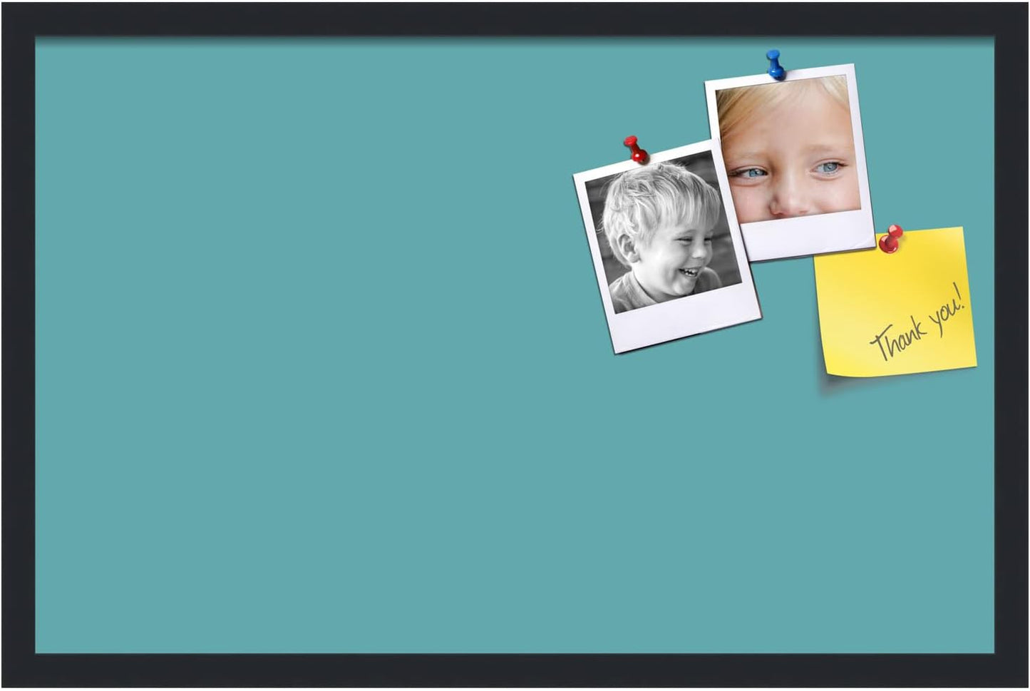 PinPix 28x18 Inch Cork Bulletin Board. This Decorative Framed Pin Board Comes with Aqua Pastel Design and a Satin Black Frame. Ideal for Home Office Decor or Message Board (PinPix-1806)
