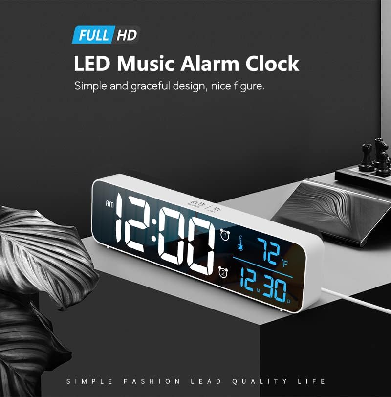 Digital Clock, Clock for Bedroom, Clocks for Living Room Decor, Desk Table Clock, Alarm Clock Large Display with Date Week Temperature, Automatic Brightness Dimmer, Smart Cool Modern (White Blue)
