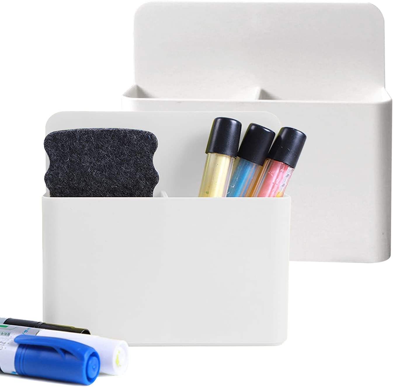 Magnetic Dry Erase Marker Holder, 2 Pack Magnetic Pen Marker Holder for Whiteboard, Fridge, Locker Accessories, School, Office, Home, Magnet Pen Cup, White