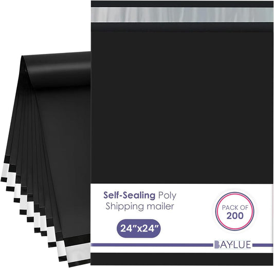 black Extra Large Poly Mailers 24x24 Inch | Strong Adhesive Self-Seal Mailer Bag | Tear Tamper Water Resistant Shipping Envelopes, Thick Strong polymailer Bags XL Clothing Shipping Bags | 200 Pcs Bulk