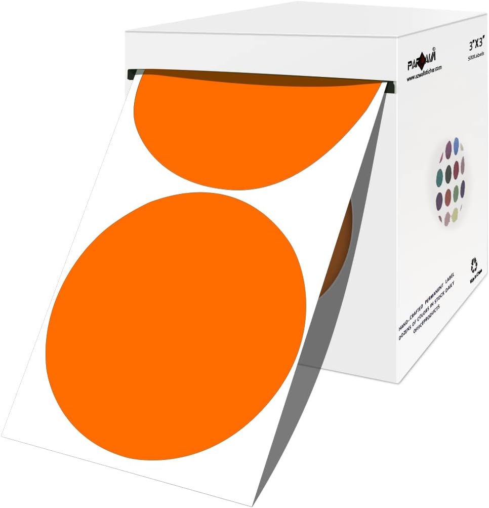 PARLAIM 3 Inch Round Permanent Color-Code Dot Stickers, 500 Color Coding Circle Labels per Roll, 3" Dispenser Box for Inventory, Orange