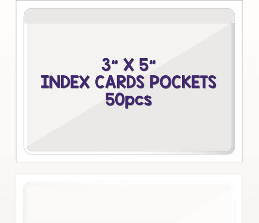 Clear Adhesive 3" x 5" Index Card Pockets With Top Open Loading, 50 Pack, Plastic Labels Holders for Storage Bins and Library, Ideal for Organizing and Protecting Your Cards
