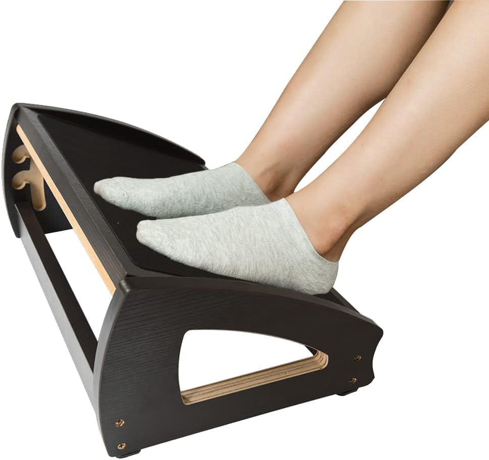 StrongTek Ergonomic Under Desk Footrest, 3 Adjustable Heights Wooden Office Footrest, Large Anti-Slip Surface, Improves Posture and Blood Circulation, up to 400lbs (Black)
