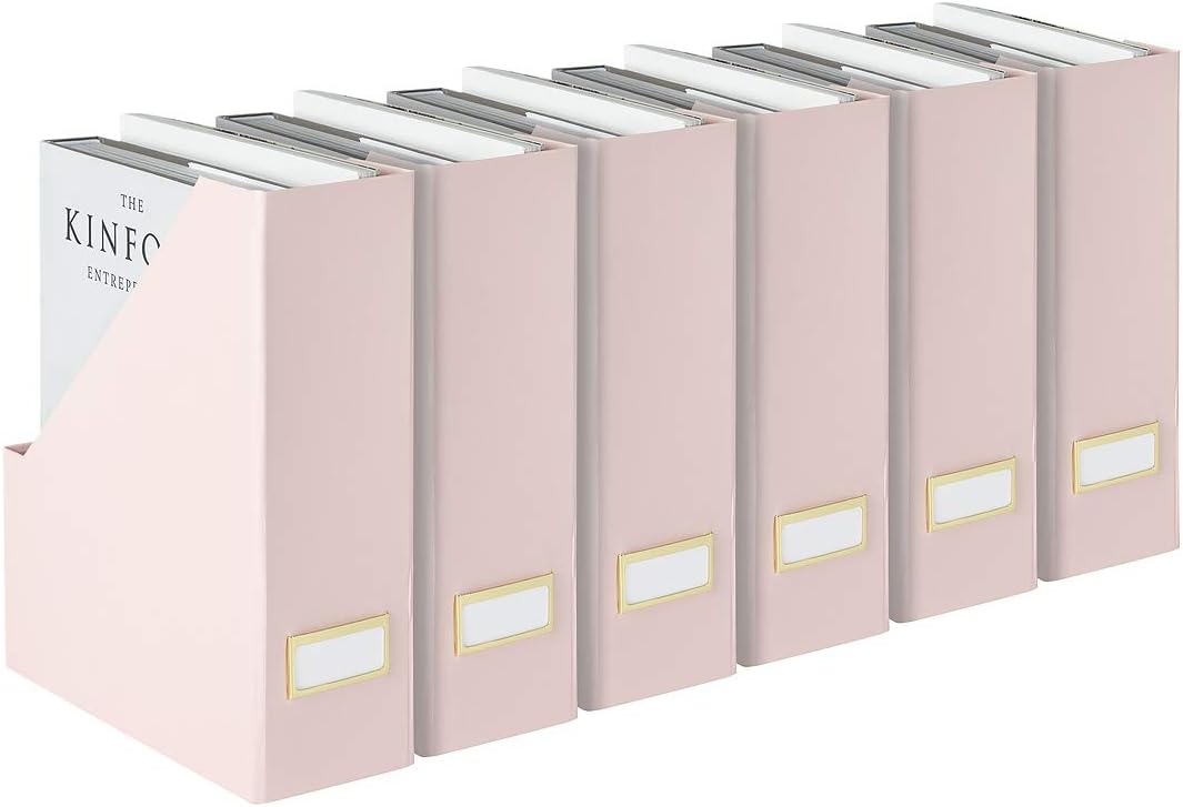 BLU MONACO Set of 6 Foldable Pink Magazine Holder with Gold Label Holders – Cute Stylish Magazine Storage for Shelves, and Closets – Book Bins, File Desk Organizer, and Document Storage